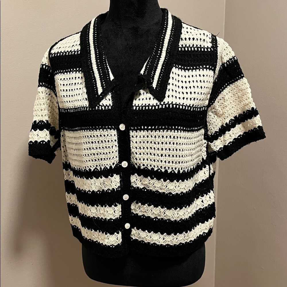 Solitaire Striped Crochet Cardigan Short sleeve Boho Style sz M - Picture 5 of 8